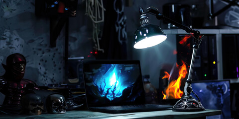 A vibrant neon desk lamp illuminates a laptop screen in a dimly lit workroom.