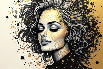 Glamorous portrait of a woman with voluminous curls and golden accents in a sophisticated graphic style