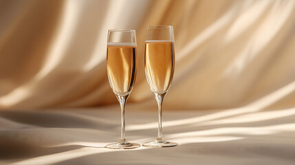 A pair of champagne glasses on an elegant beige background