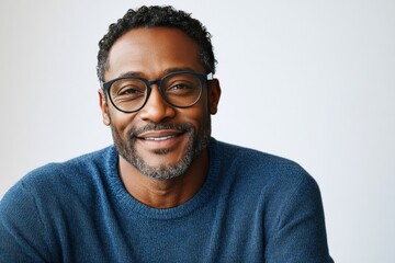 A joyful man smiles warmly while wearing glasses and a blue sweater against a light backdrop