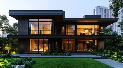 Obraz premium Large windows modern house exterior surrounded by greenery for inviting design picture