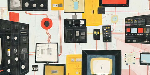 A collage of different sized computer monitors showcases various forms of media in a colorful array.