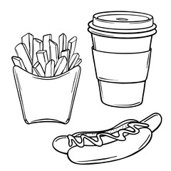 Set Vector illustration of Paper Coffee Cup, French fries and Hot dog sketch. Hand drawn Street Fast Food outline. Menu design template in Black and White style. Decoration for menus, showcases