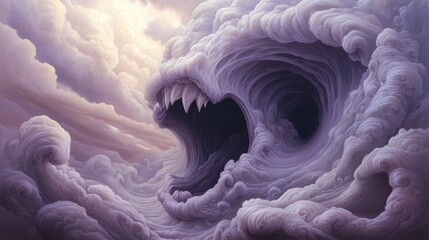 Terrifying cloud formation resembling a monstrous mouth in a stormy sky, AI