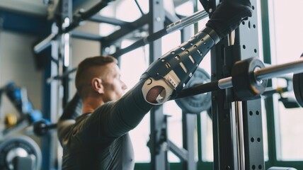 Athlete with prosthetic arm performing weightlifting exercises in gym setting