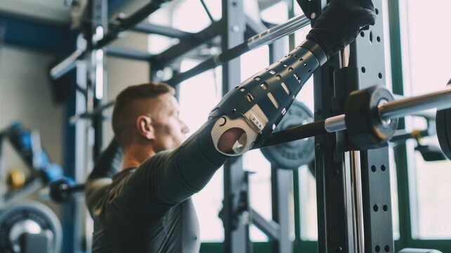 Athlete with prosthetic arm performing weightlifting exercises in gym setting