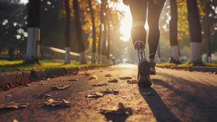 Morning jog with prosthetic leg in sunlit park during autumn