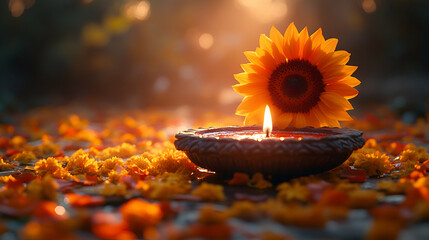 A beautifully lit scene featuring a sunflower and an oil lamp surrounded by vibrant marigold petals, evoking a peaceful and festive atmosphere.
