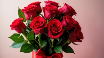 Obraz premium Romantic ramo de rosas with lush red roses tied with a satin ribbon, symbolizing love on a delicate background
