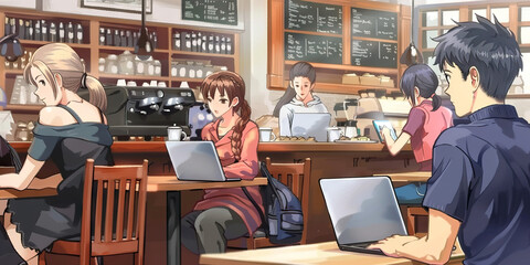 Fototapeta premium A cozy coffee shop setting with laptop and smartphone users gathered around a communal table.