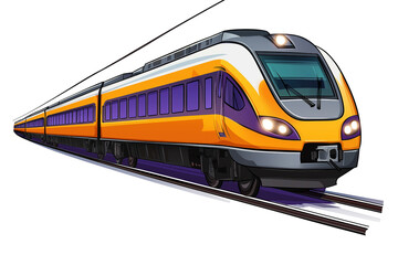 Fototapeta premium Vibrant train travels along purple track. Yellow, purple train colors. White roof, black stripe. Simple, cute, illustration of train in motion. Transport, transportation, railway, locomotive, clip