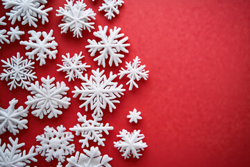 red christmas background with snowflakes, copy space 