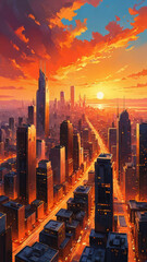 Obraz premium Sunset Over Modern Cityscape with Tall Skyscrapers, phone wallpaper