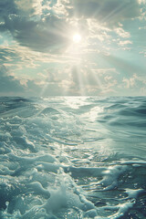 A breathtaking view of the sun piercing through the clouds, casting god rays over the ocean's surface