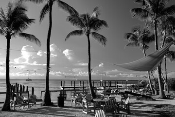 Black and white image of a resort view looking out towards Florida Bay on Key Largo In Florida
