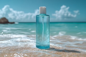 Blue cosmetic bottle on the beach with sea waves