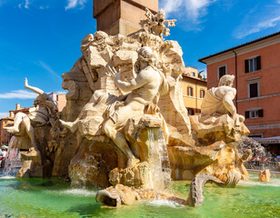 Fountain of Four Rivers (Fontana dei Quattro Fiumi) on Navona square, Rome, Italy