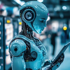 Futuristic humanoid robot reading data on tablet in server room