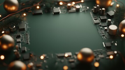 Fototapeta premium Festive circuit frame with electronic components and holiday lights for tech-themed designs