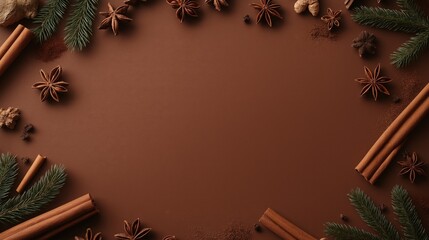 Festive holiday frame with assorted spices, pine branches, and cinnamon sticks for seasonal designs