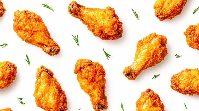 Delicious crispy fried chicken wings pattern with dill on white background