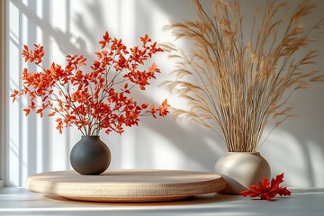 Autumn composition with red leaves and dry pampas grass in vases.