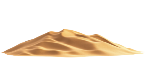 Desert sand dune pile isolated on transparent background. Side view of sand heap with clipping path. Dry desert landscape with beige texture, subtle depth. alpha background provides contrast to sandy