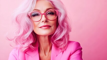 Stylish senior woman wearing pink eyeglasses and blazer with matching dyed hair posing on pink background