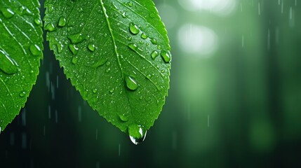 Leaf with raindrops in a lush forest setting, AI