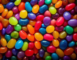 Shiny, colorful jelly beans are creating a vibrant and sweet candy background, perfect for any project related to confectionery