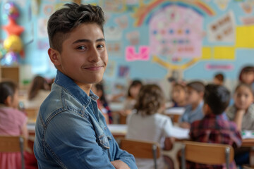 Young positive mixed race male teacher is on the lesson for elementary school students. Keen tutor rejoices at the success of preschool children.