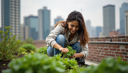 Latina woman managing a rooftop vegetable garden with city skyscrapers in the background, showcasing urban sustainability.