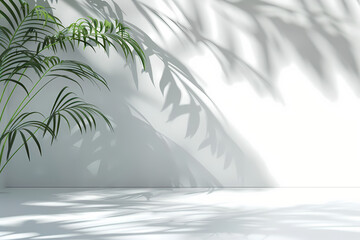 The shadow of the foliage of a palm tree on a white wall. Minimalistic light background for product presentation and summer background
