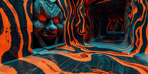 Funhouse: A distorted carnival funhouse, its walls covered in twisting mirrors and neon signs, a sinister clown painted on the warped wooden floor.