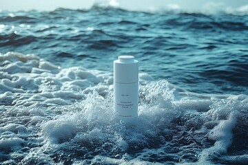 White skincare bottle in sea waves and foam