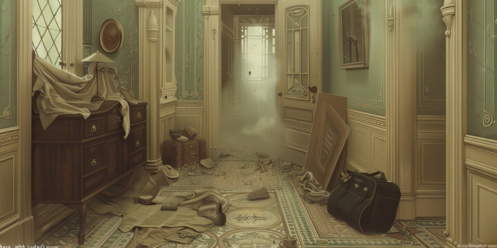Corridor of Chaos: A disordered, cluttered corridor with random objects strewn about, an ominous mist hovering just above the ground.