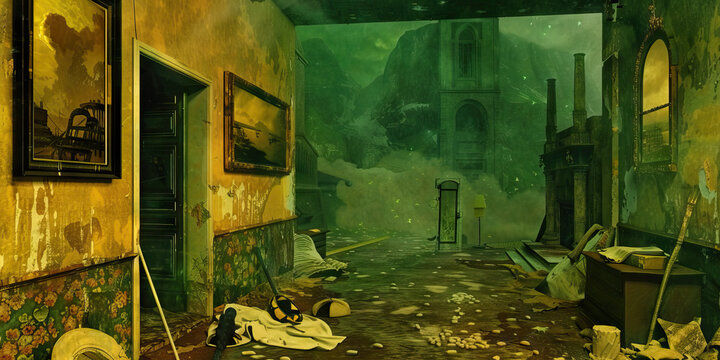 Corridor of Chaos: A disordered, cluttered corridor with random objects strewn about, an ominous mist hovering just above the ground.