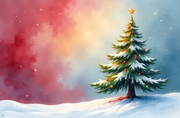 New Year tree close-up against the background of a New Year's winter forest. Winter watercolor landscape. Greeting card