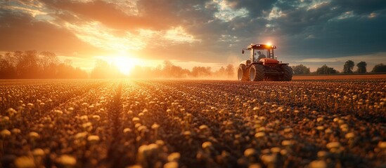 Fototapeta premium Tractor at Sunset on a Field