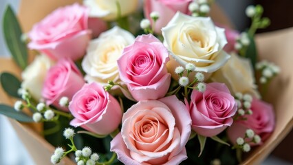 Obraz premium Elegant ramo de rosas with soft pink and white roses, wrapped in rustic kraft paper for a classic look
