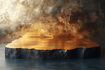 Fototapeta premium Golden platform on a black stone against a textured gold background.
