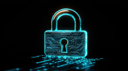 Secure digital padlock with glowing circuitry design, symbolizing protection