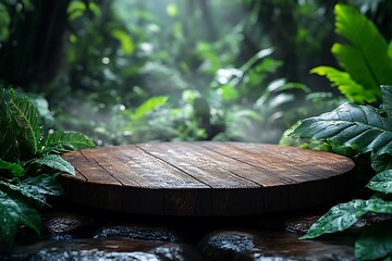 Obraz premium Empty wooden table in a misty tropical rainforest setting.