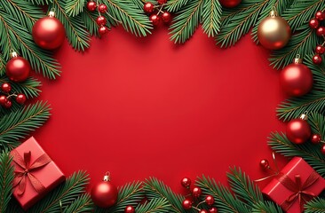 New Year frame made of decorations with balls and fir branches. Red background, space for text on the left. Decorations in red and gold colors.