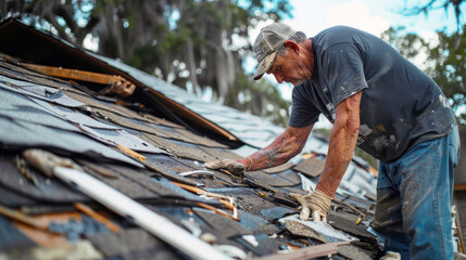 Elderly Caucasian male roofer repairs storm damage on a house roof, focused and meticulous in his work