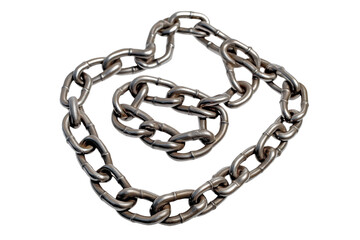 Obraz premium Single long metal chain coiled on isolated background. Silver metal chain, isolated object, central position, occupying entire frame. Chain made of metal, chain link, chain protection, chain security.