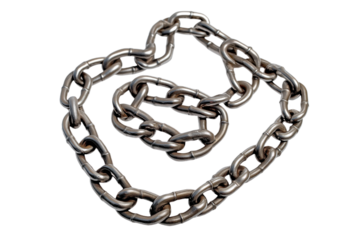 Single long metal chain coiled on isolated background. Silver metal chain, isolated object, central position, occupying entire frame. Chain made of metal, chain link, chain protection, chain security.