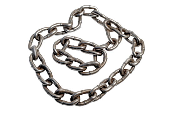 Single long metal chain coiled on isolated background. Silver metal chain, isolated object, central position, occupying entire frame. Chain made of metal, chain link, chain protection, chain security.