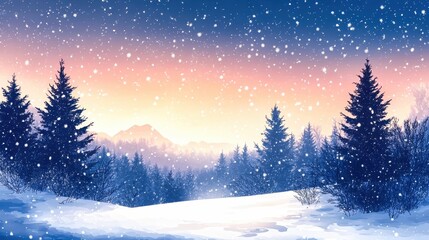Snow falling on pine trees in winter wonderland landscape