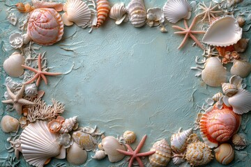 Obraz premium Delicate arrangement of various seashells and starfish on a light blue textured background